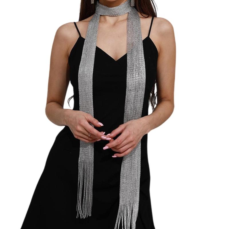 

Delicate Sheer Scarf for Female Masquerades Lightweight Collar Wedding Party Decorative Scarf with Shinning Tassels