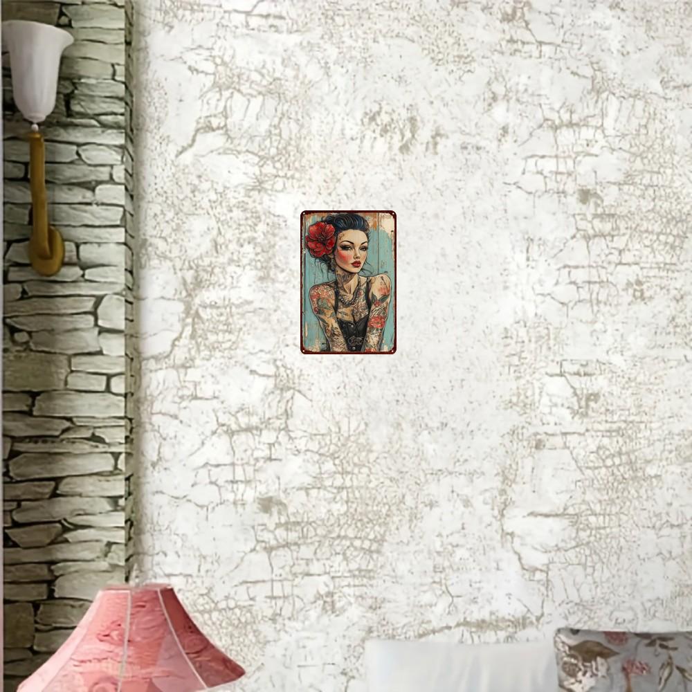 Metal Decor Painting Tattooed Woman with Red Flower