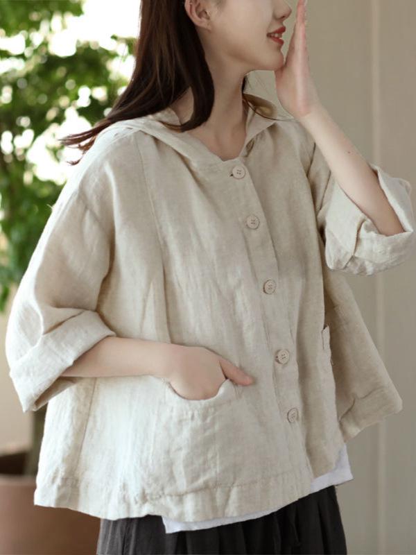 2025 Retro Women’s Cotton Linen Hooded Cardigan - Loose, Thin, Long Sleeve, Sun Protection, Short Jacket for Spring/Summer