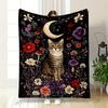 "Moonlit Cat Among Floral Dreams" Patterned Blanket, Flannel, Suitable for All Seasons, Home Decor, Warm and Cozy