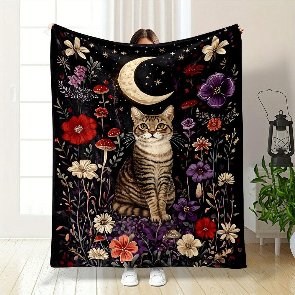 "Moonlit Cat Among Floral Dreams" Patterned Blanket, Flannel, Suitable for All Seasons, Home Decor, Warm and Cozy