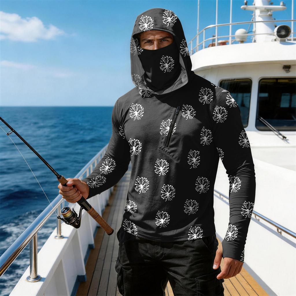 Men's Casual Long Sleeve Hoodie Sun Protection Shirt Lightweight Breathable Polka Dot Print Pullover with Front Zipper Pocket for Outdoor Activities