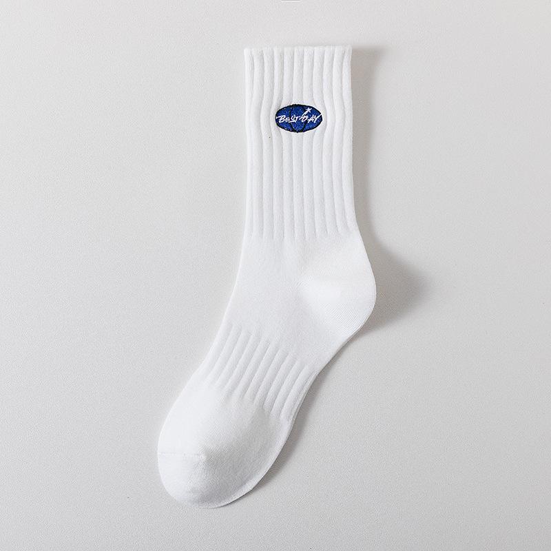 Cityboy Men’s Autumn/Winter White Cartoon Embroidery Socks - Trendy, Sweat-Absorbing Mid-Calf Sports Socks