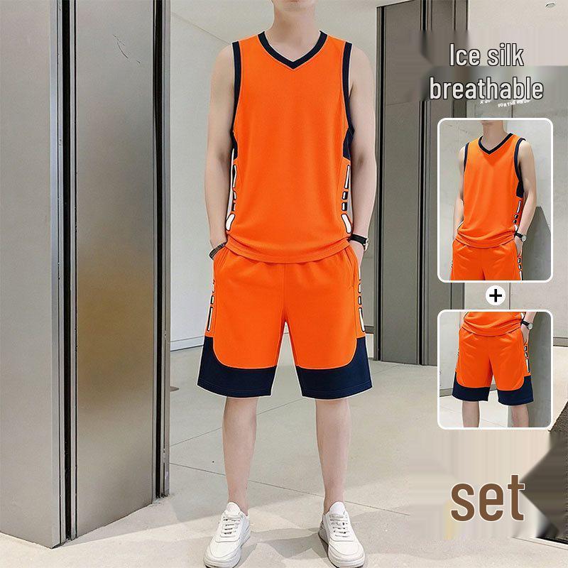 Men's 2026 Summer Sleeveless Ice Silk Basketball Training Vest and Shorts Set - Quick Dry and Loose Fit