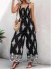2026 Summer Women's Printed Strappy Pocket Jumpsuit with Shirred Bodice and Wide-Leg Pants
