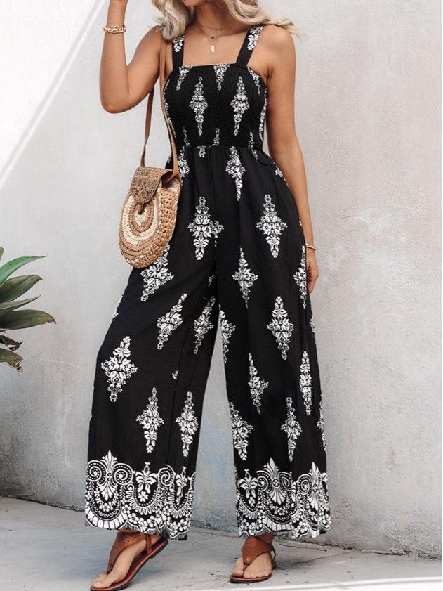 2026 Sommer Damen Jumpsuit mit Aufdruck, Trägern, Tasche, gerafftem Oberteil und weitem Bein