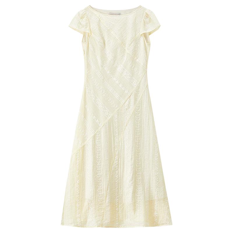 Elegant Tencel Jacquard Puff Sleeve A-Line Dress