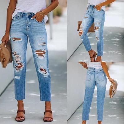 2025 Slim Fit European & American Ripped Washed Denim Jeans for Women