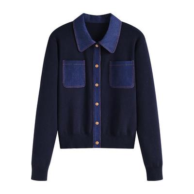 Damen Patchwork Denim Strickjacke - Herbstkollektion 2025, Polo-Stil, Langarm Casual Mode Oberteil