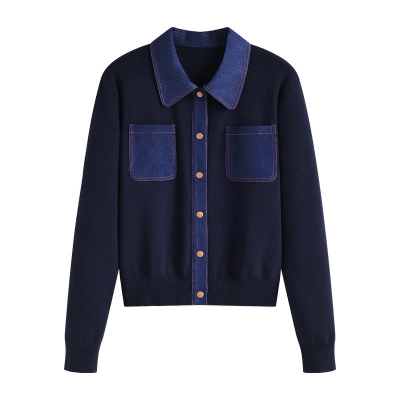 

Женский трикотажный кардиган из лоскутного денима - Коллекция Осень 2025, Стиль поло, Повседневный модный топ с длинным рукавом Large темно-синий