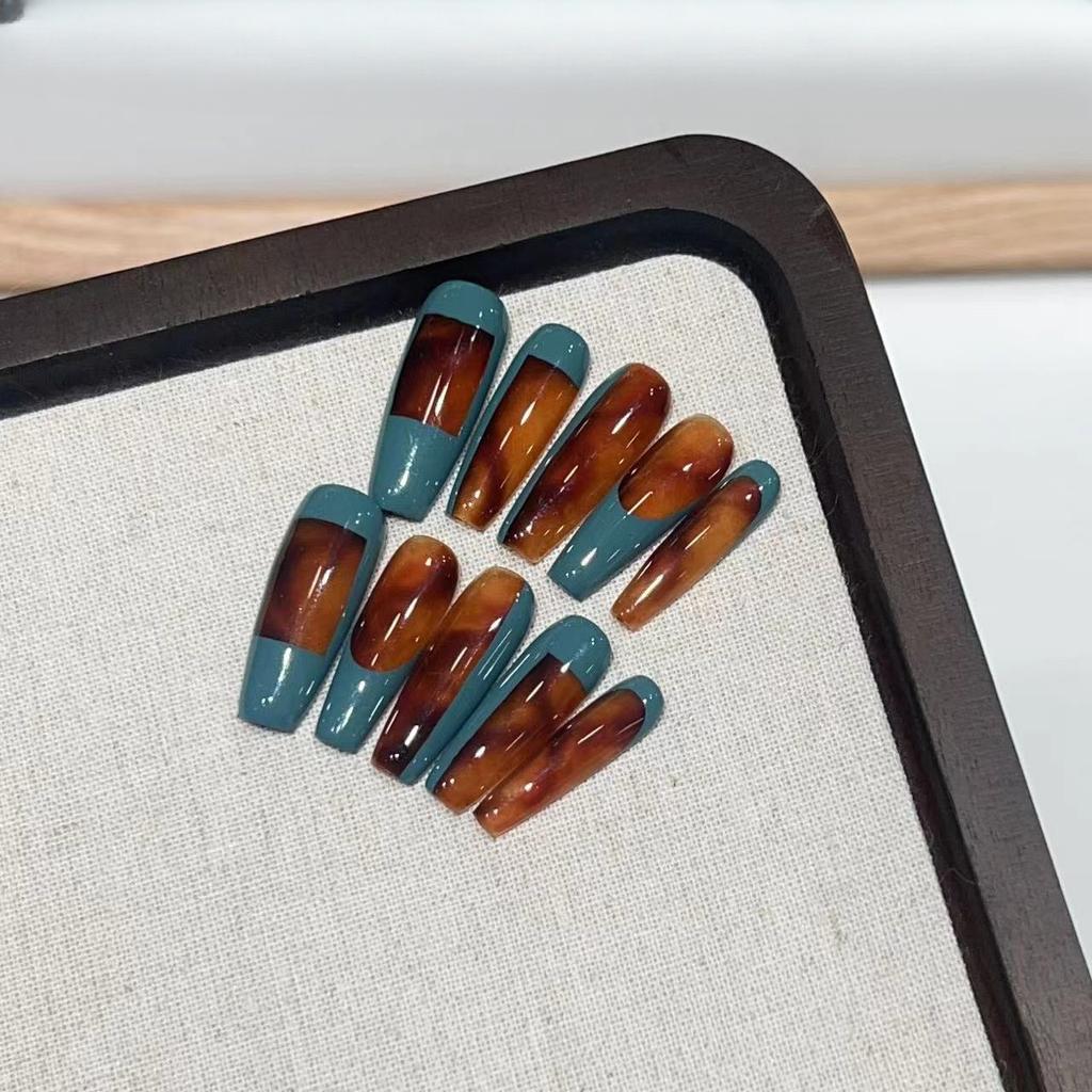 Reine Hand-Trage-Nägel High-End Marineblau Bernstein Französisch Falscher Nagel Patch Abnehmbar Wiederholendes Nageldesign