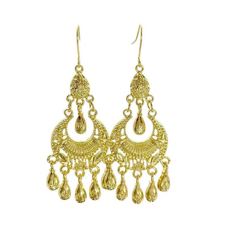 Retro Gilt Flower Fringed Earrings High-End Women'S Light Luxury Niche Exaggerated Temperament Earrings Ancient Hanfu Earrings