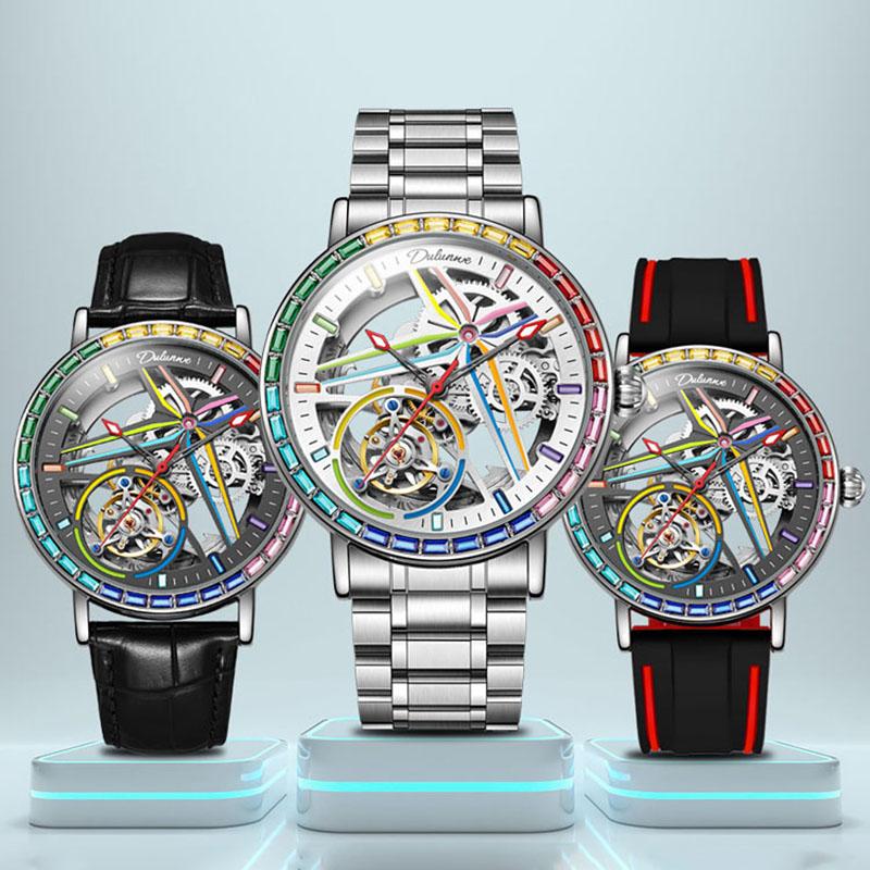 New Hollowed Out Fully Automatic Mechanical Watches for Men Fashion Color Diamond Stainless Steel Luminous Waterproof Watch