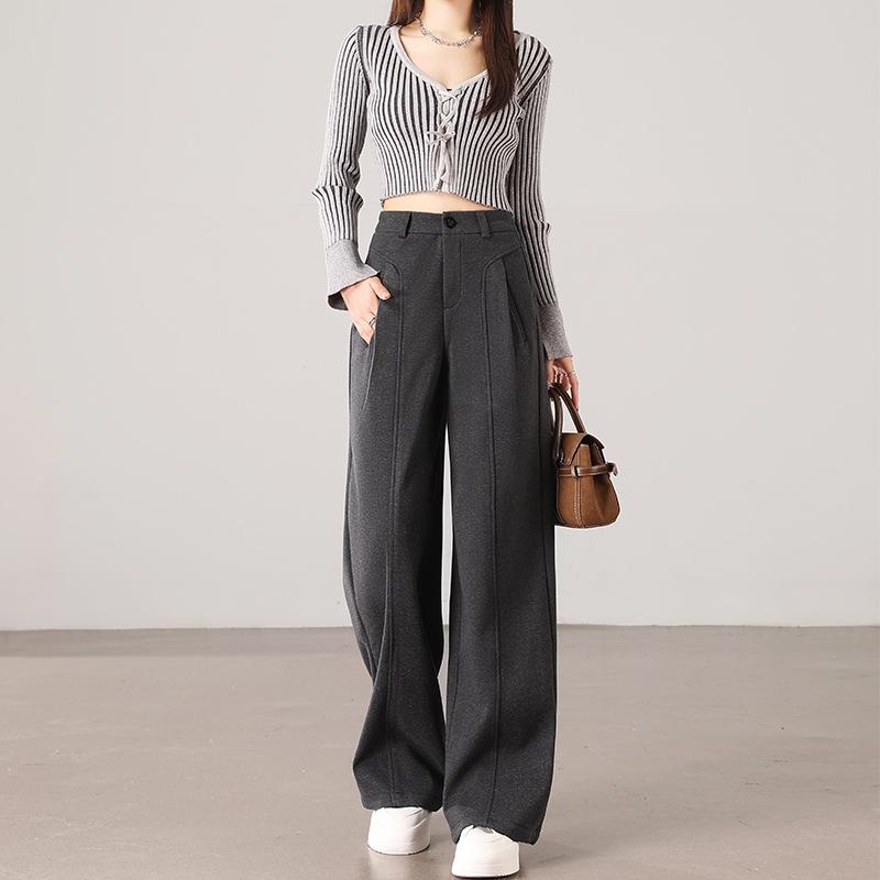

2025 A/W New Plus Velvet Slim High-Waist Wide-Leg Trousers for Longer Legs - Woolen Casual Pants Extra Extra Small