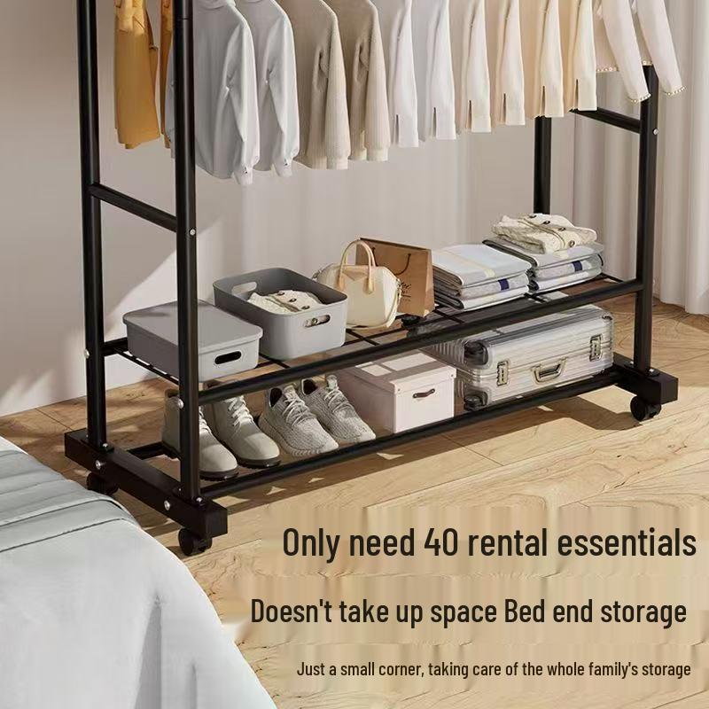Sturdy Double Bar Wardrobe Rack for Dorms: Floor-Standing, Dual-Layer Clothes & Hat Hanger for Bedrooms and Balconies.