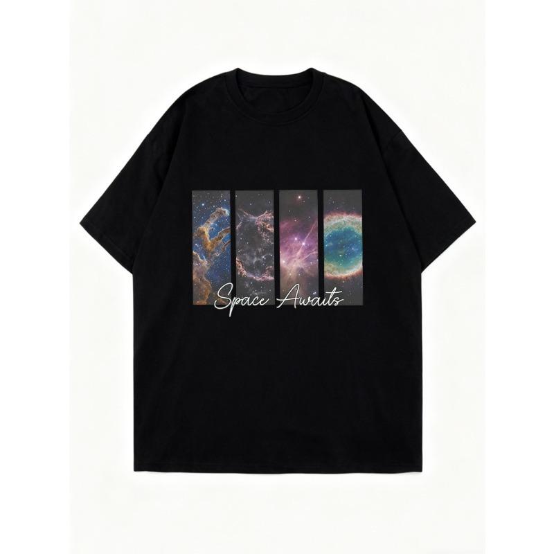 Übergroßes T-Shirt Schwarz Weltraumnebel Galaxie-Druck mit Text Space Awaits Lässige Alltagskleidung