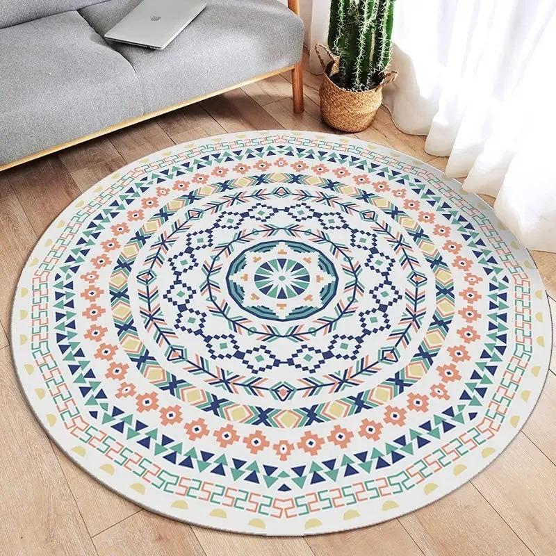 Bohemian Round Area Rugs Geometric Mandala Design Multi Color Pattern for Modern Living Room Home Decor