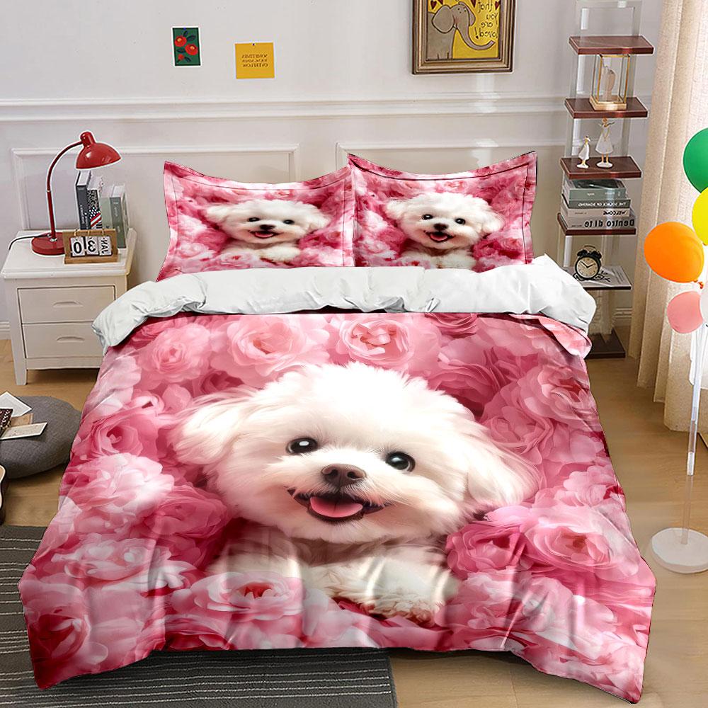 "Floral Puppy Decor Set" Bedding Set with 1 Duvet Cover 2 Pillowcases Single Double King Queen, Gift
