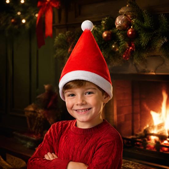 Soft Gold Velvet Santa Caps Hat for Adults Kids, Classic Christmas Red with Fluffy Comfortable Elastic Claus Hats Trim, Holiday Costume Accessory