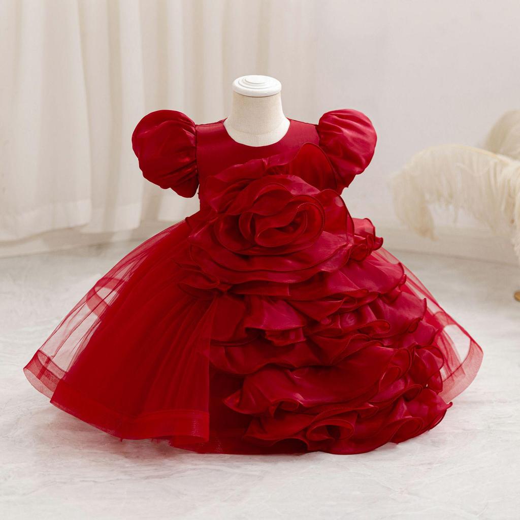 Girls' 3D Flower Princess Dress: First Birthday Puff Sleeves and Puffy Skirt