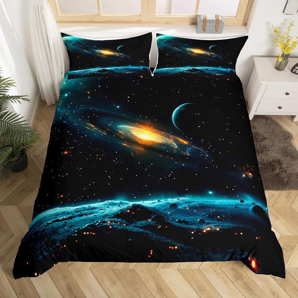 Set Duvet Stele Imprimeu Galaxie Univers Set Trei Piese Kit Lenjerie de Pat pentru Adolescenți Copii