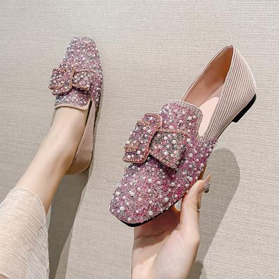 Flat Shoes Ladyshoes Women's Spring New Single Shoes Bow Pearl Women's Shoes Square Head Shallow Mouth Large Size