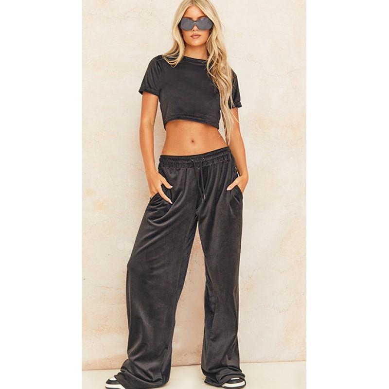 Womens High Waist Straight Wide Leg Trousers Velvet Casual Pants