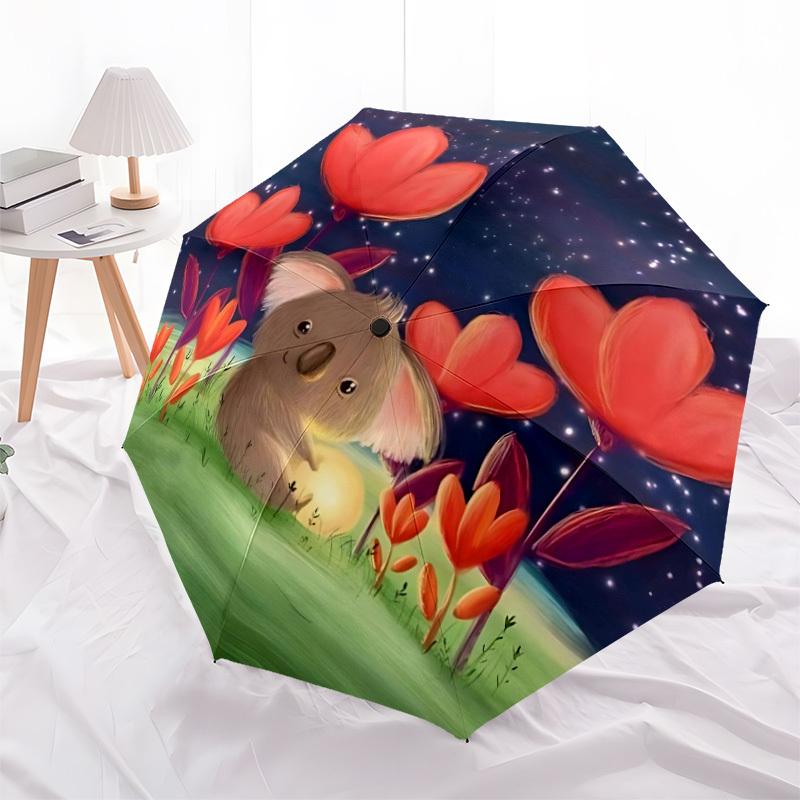 1pc Koala Flowers Night Automatic Folding Umbrella - Compact 8-Rib Design, Durable Plastic & Iron, Lightweight for Outdoor Daily Use078