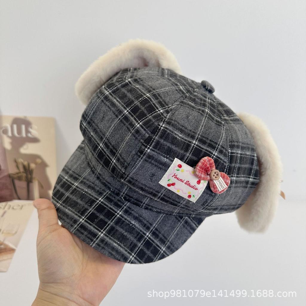 Cartoon Cute New Sweet Plush Rabbit Ears Bow Plaid Octagonal Hat Women's Autumn and Winter Versatile Beret Tide
