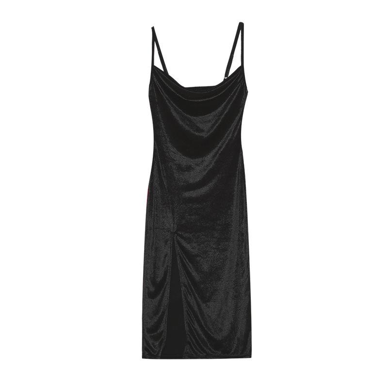 Women's Spring Summer Sexy Velvet Spaghetti Strap Maxi Dress, Slim Fit High Slit Cowl Neck Evening Party Formal Cocktail Gown