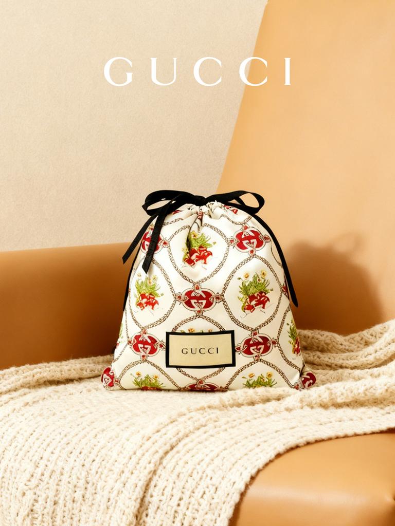 Vintage Floral Drawstring Pouch Bag, Rope Chain Print Makeup Organizer, Elegant Jewelry Storage Gift Bag GUCCI-GIFT-63