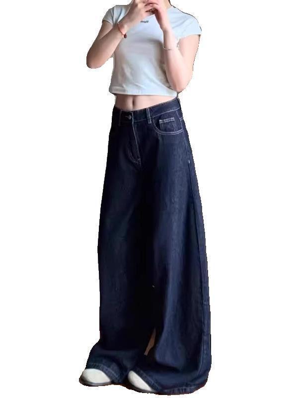 Dark Blue Women's Loose Wide-Leg Floor-Length Jeans for Spring/Autumn 2025
