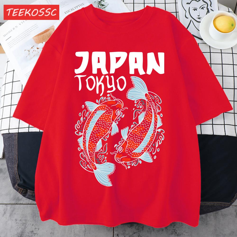Harajuku Japan Tokyo Koi Print Man TShirt Summer New Loose Short Sleeve ONeck Cotton T Shirts Trendy Unisex AllMatch Clothes