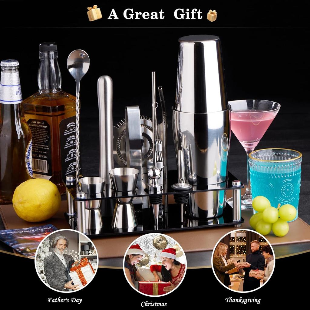 Cocktail Shaker Set Bartender Kit : 15-Piece Bar Tool Set with Acrylic Stand Bars Set with All Practical Bar Accessories, for Drink Mixing, Bar,