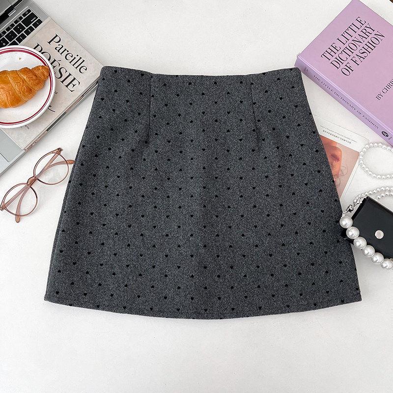 

2026 Spring Retro High-Waisted Polka Dot Wool A-Line Skirt - Korean Style, Slimming, Anti-Exposure M темно-сірий