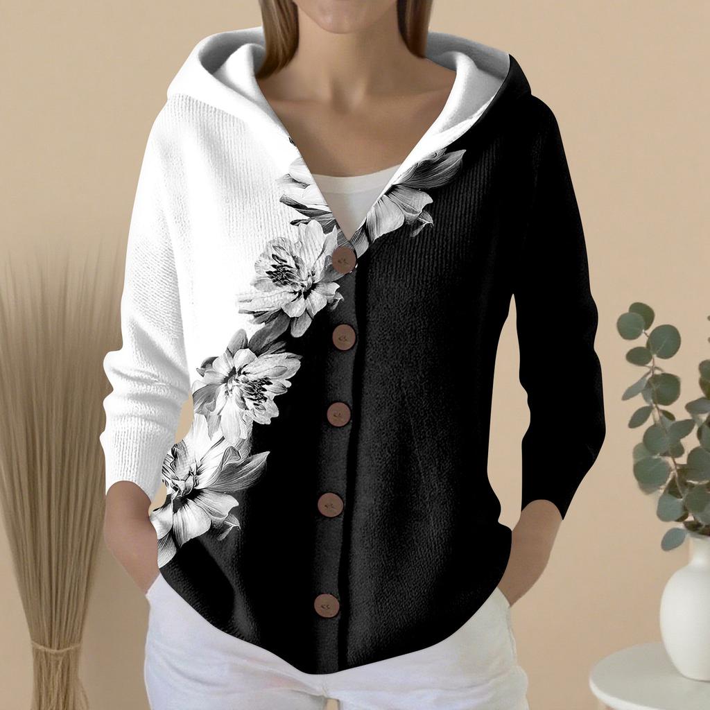 Women's Fashion Casual Sweater Button-Up Print Cardigan  Hooded Jacket