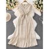 Summer Women Polka Dot Long Dress Vintage V-Neck Flying Sleeve High Waist Single Breasted A-Line Casual Vestidos Female Robe New