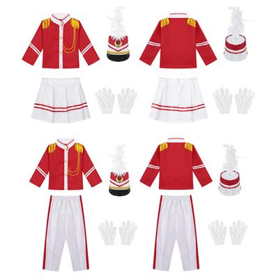 Unisex Elastic Waistband Pants With Tops Pleated Skirt Feathers Trim Hat Gloves Waistband Honor Guard Uniform Drum Trumpet Team Costume 4Pcs Sets