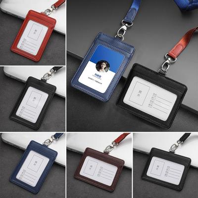 High Quality Genuine Leather Work Card Holder With Neck Lanyard Solid Color ID Badge Holders Chest Cards Cases Business