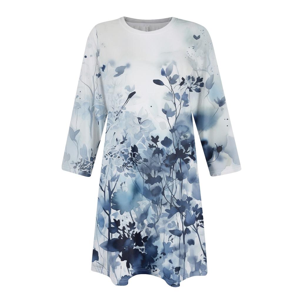 Women's Fashion Casual Print Round Neck Three-quarter Sleeve Short Dress