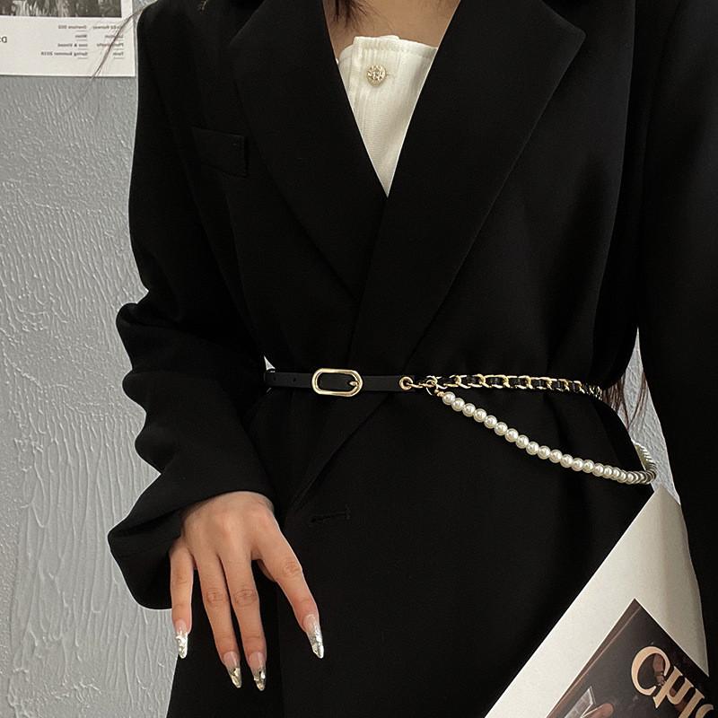 Elegant Black Layered Pearl Chain Waist Belt Accessory For Women's Outfits