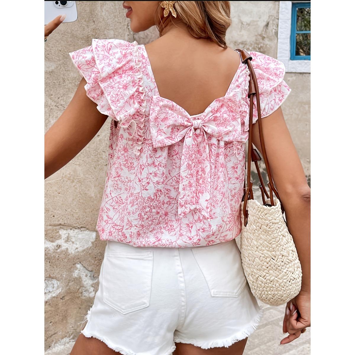 Women s Fashion Flower Bow Blouse  Summer New Casual Shirt for European American Crossbody S розовый