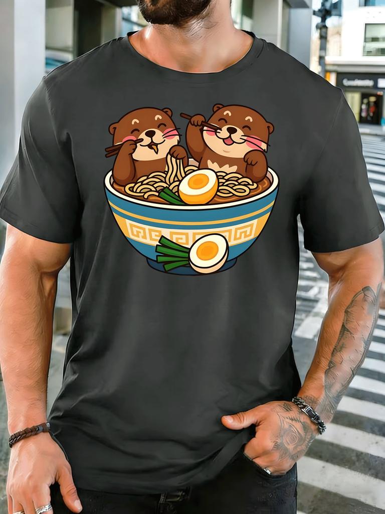 Cute Otters Eating Raunisex Noodles Unisexs Front Print T Shirt Kawaii Animal Food Graphic Tee Casual Short Sleeve Noodle Lover Gift