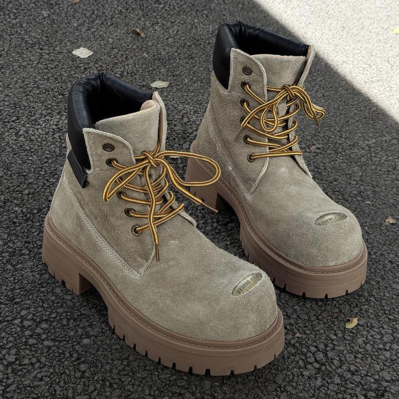 Men's and women's rhubarb boots couple's thick-soled heightening British style casual big-headed Martin boots 43156-44156-J