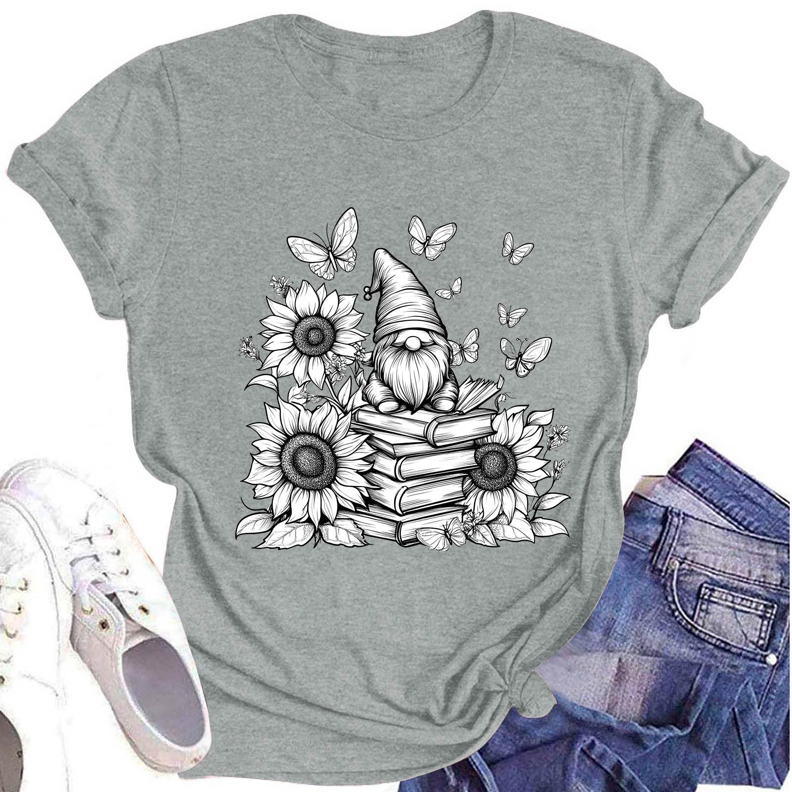 

Женская модная футболка с круглым вырезом и коротким рукавом с принтом гнома и цветочным принтом L