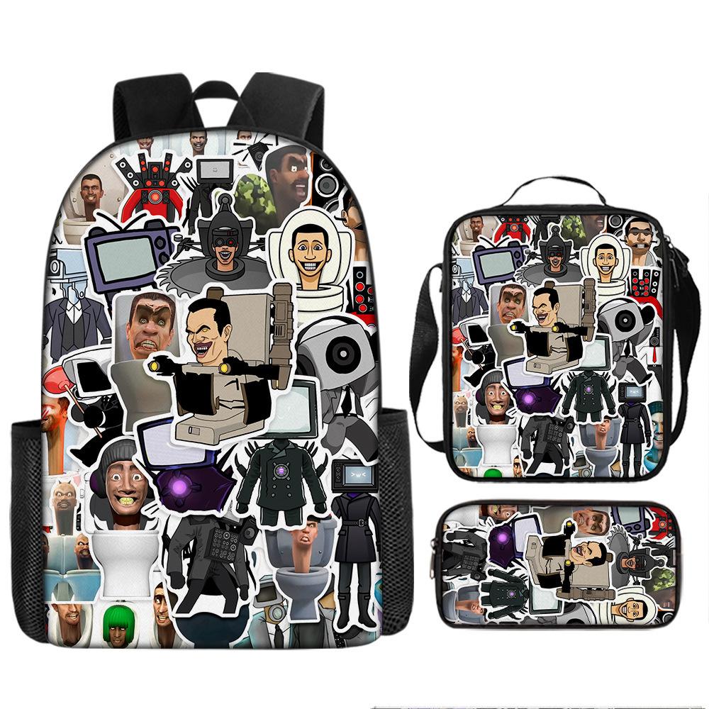 Toilet Man Backpack Trendy Backpack European and American Retro Schoolbag Cartoon Backpack Three-piece Set