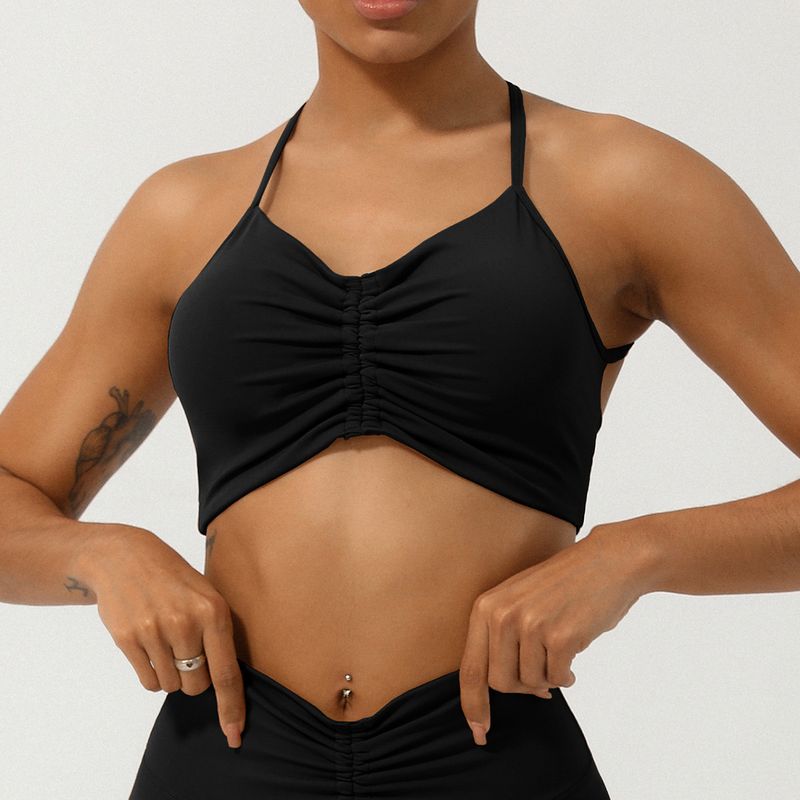 Cross-Border Summer New Wrinkle Yoga Bra Thin Strap Crossing Beauty Back Exercise Underwear Shockproof Push-up Workout Bra
