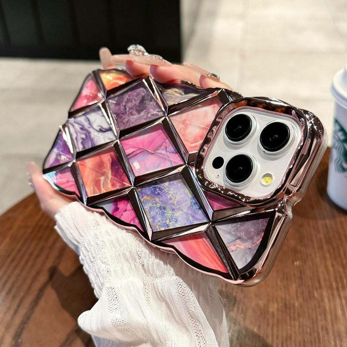 

Роскошный чехол для телефона с 3D-покрытием и ромбовидной сеткой и мраморным узором для iPhone 11, 12, 13, 14, 15 Pro Max 12 Pro 13 Pro 14 Pro Max, мягкий чехол из ТПУ с защитой от падения iPhone 15 розовый