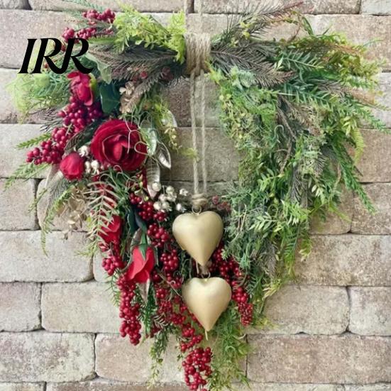 Decorative Heart Wreath Valentine's Day Farmhouse for Front Door Rustic Faux Greenery with Red Roses Berries Vintage Bell Window Porch