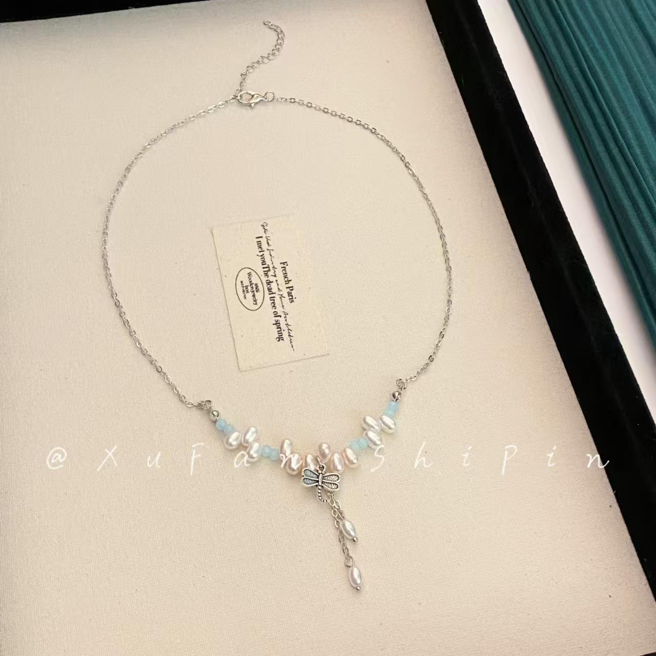 2025 new retro dragonfly aquamarine necklace female simple temperament personality niche fresh versatile collarbone chain